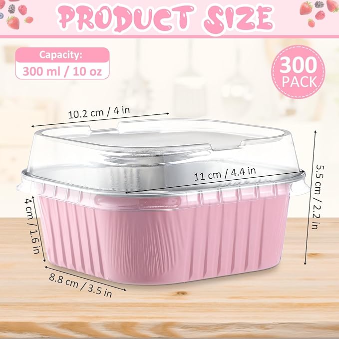 Aoriher 300 Pieces 10 oz Mini Cake Pans with Lids, Aluminum Foil Baking Cups, Square Disposable Cupcake Cups Baking Tins for Wedding Birthday Party Supplies(Pink)