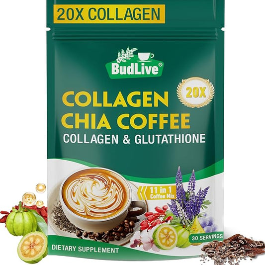 20X Collagen Chia Coffee, 11 in 1 Shape Coffee Mix with Collagen & Chia Seeds, Goji Berry, Supports Hair, Skin & Nails, Boost Beauty & Energy, Sugar Free, Vegan, Gluten-Free, 30 Servings