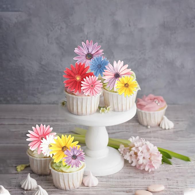 60 Pack Edible Flower Cupcake Toppers Wafer Paper Flower Cake Picks for Bridal Engagement Baby Shower Wedding Birthday Party Cake Decorations Supplies Colorful Style 2