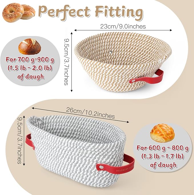 2 Pcs Banneton Bread Proofing Basket, 9 10 Inches Round & Oval Sourdough Bread Baking Supplies Cotton Rope Proofing Bowls with Liners, Sourdough Proofing Basket Gifts for Bakers