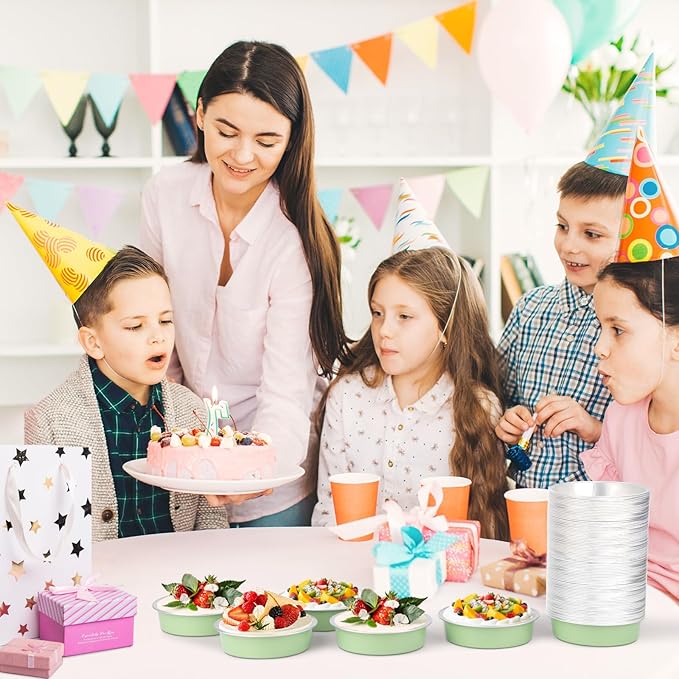 Beasea Disposable Aluminum Ramekins, 100 Pack 4 Inch 7.3oz 215ml Disposable Baking Foil Cups No Lids Mini Ramekin Cup Cupcake Aluminum Baking Cups for Party - Pea Green