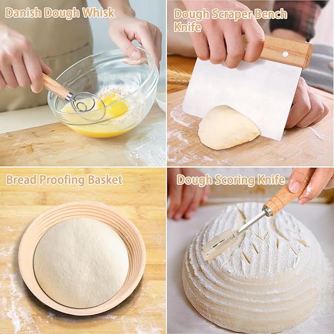Banneton Bread Proofing Basket Set of 2, 9 Inch Round &10 Inch Oval Sourdough Bread Baking Suppliest, with Linen Liner,Danish Whisk,Bread Lame,Doung Scarper, Cleaning Brush for Bread Baking