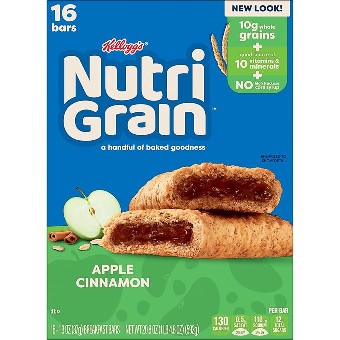 Nutri-Grain Breakfast Bars, Made with 10g Whole Grains, Snack Bars, Apple Cinnamon, 20.8oz Box (16 Bars)