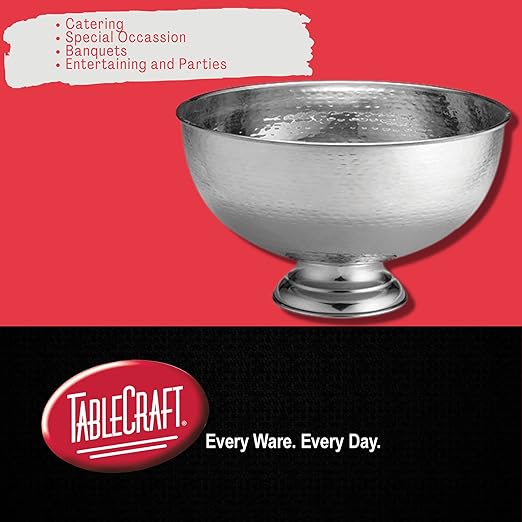 TableCraft RPB1513 Hammered Pedestal Punch Bowl, Large Silver Stainless Steel, 54 Cup Capacity, 3.4 Gallon, Ideal for Serving Hot and Cold Drinks, Champagne, Cocktails, Sangria, Juice, Elegant Design