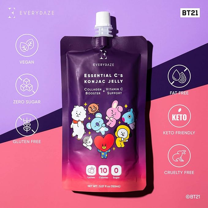 EVERYDAZE BT21 Essential C?셲 Konjac Jelly | Lychee | Vegan Collagen Peptides and Vitamin C | Gluten Free, Sugar Free, Low Calorie | Healthy Drinkable Fruit Snack | 10 Pack Box Food Drink Pouch