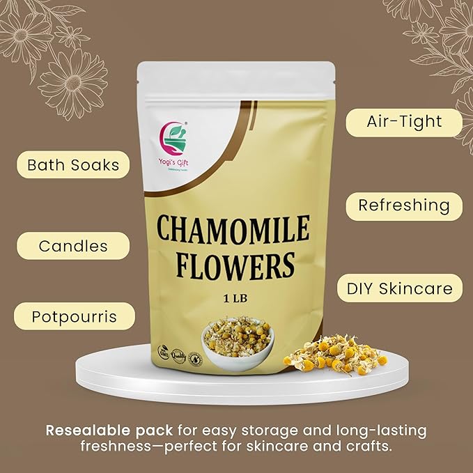 Chamomile Flowers 1 LB, 100% Natural Loose Leaf Chamomile Tea, Whole Dried Flowers for Herbal Tea, 1 LB Bulk Pack, Resealable Bag for Freshness - By Yogi?™s Gift®