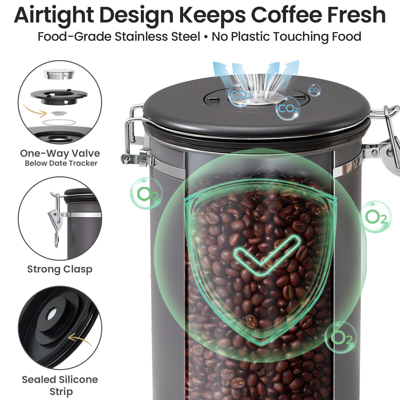 Veken Coffee Canister,39OZ, 2.2lbs,Large Airtight Stainless Steel Container
