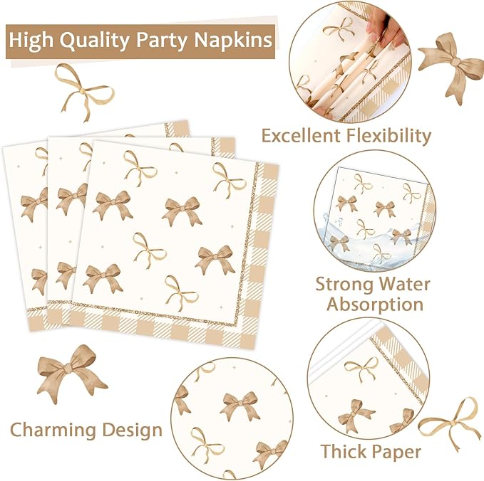96Pcs Beige Plaid Bow Plates and Napkins Coquette Party Decorations Bow Theme Dessert Paper Plates Napkins Forks Birthday Tableware Set for 24 Guests Girls Boys Baby Shower Picnic BBQ Party Supplies