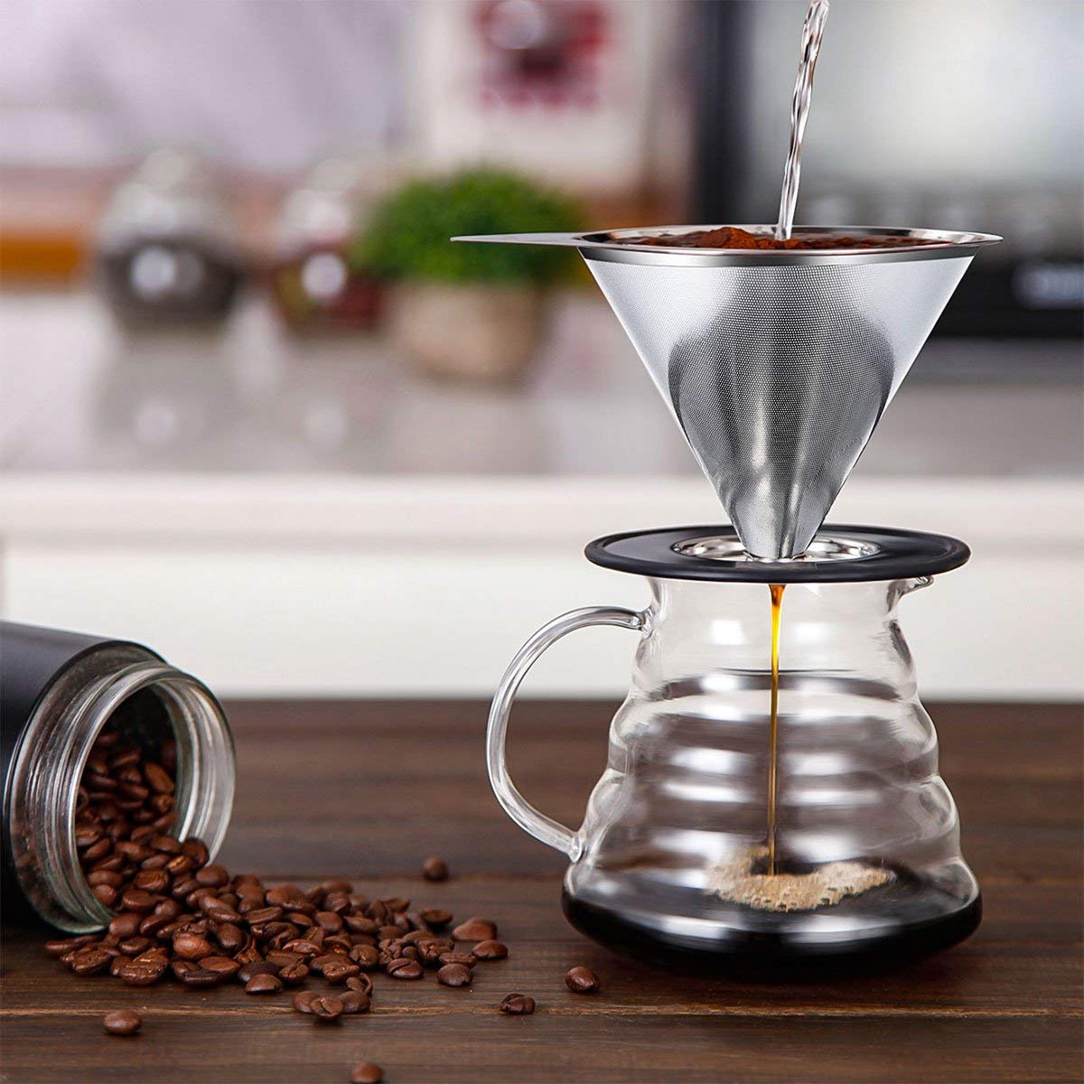 LHS Pour Over Coffee Dripper Stainless Steel Coffee Filter Metal Cone Filter Paperless Reusable