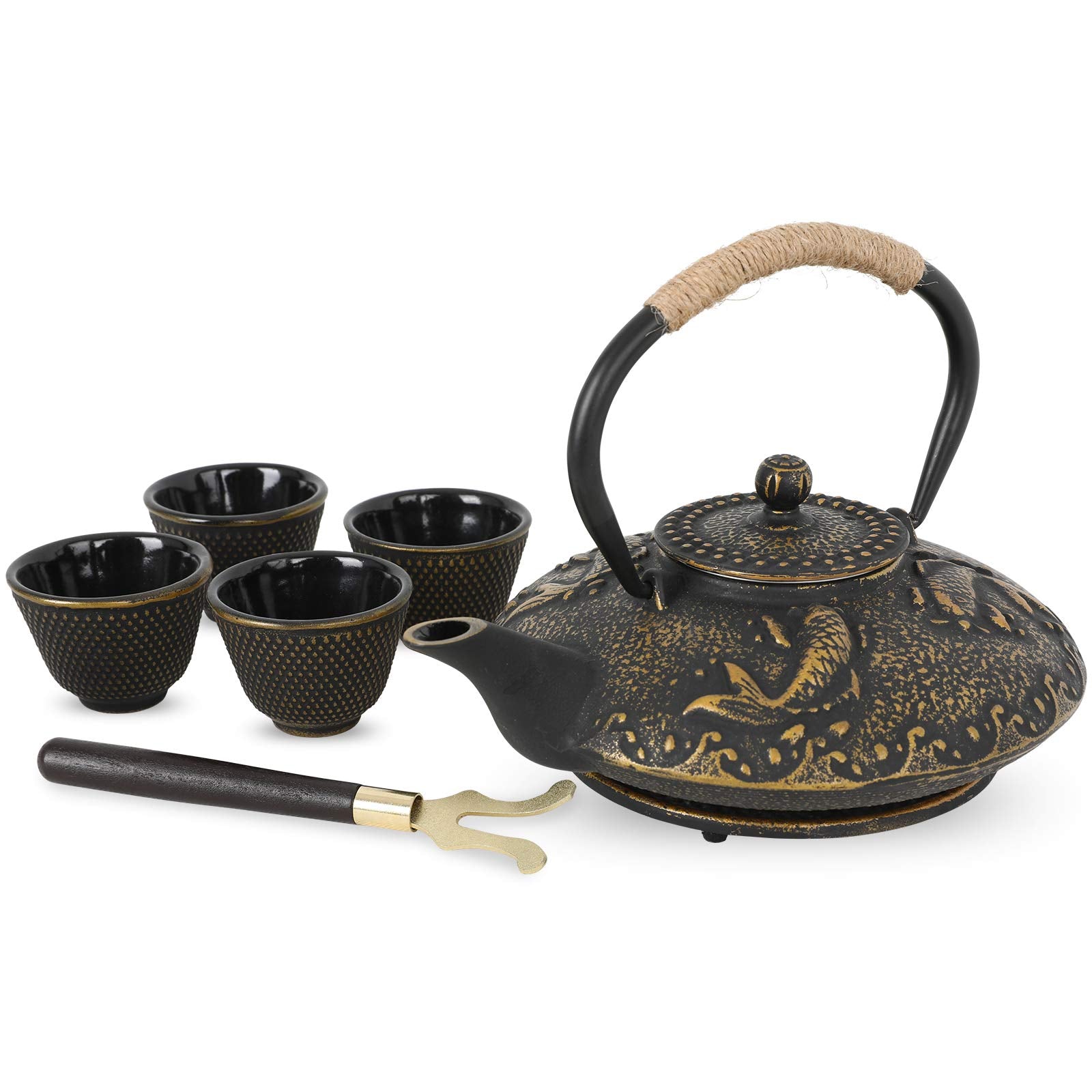 Ufine Koi Fish Cast Iron Teapot Set Stove Top 26 oz Tea Kettle with 4 Cups