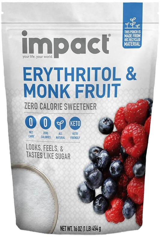 Impact White Monk Fruit & Erythritol Sweetener Blend - Gluten Free, Zero Calories, Net Carbs, Keto, Vegan, Non-GMO - 1 is to 1 Sugar Substitute - 1lb