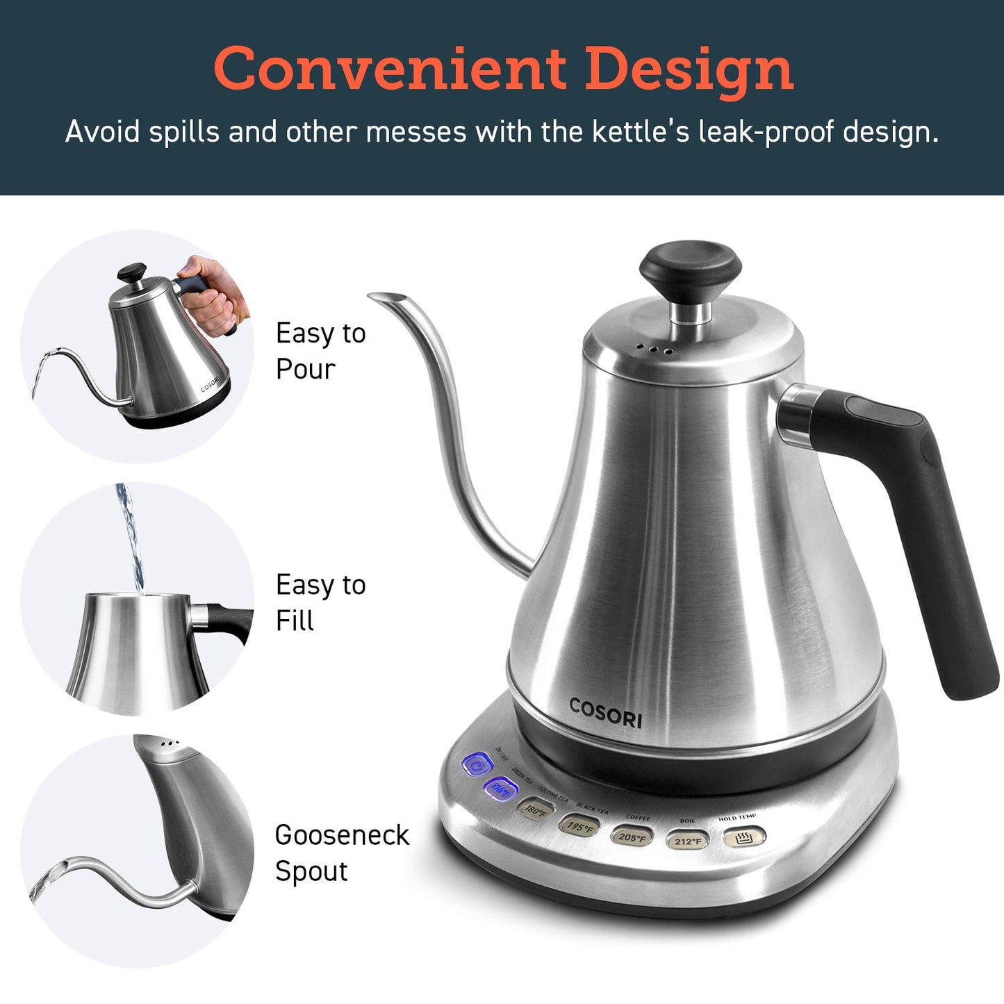 Cosori Gooseneck Electric Kettle with Temperature Control, 0.8L, Silver