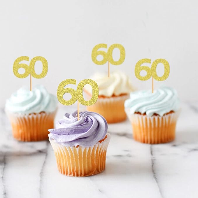 24PCS Gold Glitter 60th Birthday Cupcake Toppers Number 60 Birthday Celebrating Cake Decorations Supplies for Birthday Anniversary Party