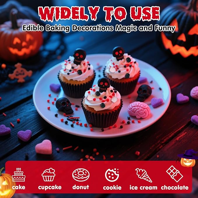 Edible Halloween Sprinkles,Purple Heart Pink Brain and Black Skull Monster, Red Black Pearls and Jimmies Mixed,130g/4.58ounce ,Perfect for Cake Decorations, Baking, Ice Cream, Cookies, Cupcake Topper,Halloween Supplies Children's Party