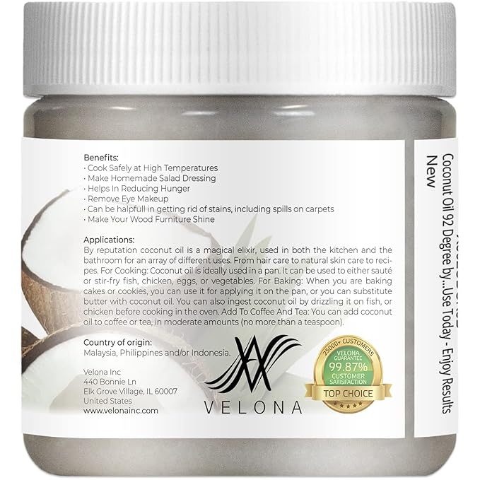 Coconut Oil 92 Degree by Velona - 4 fl oz | 100% Pure and Natural Carrier Oil | in jar | Refined, Cold pressed | Skin, Face, Body, Hair Care | Use Today - Enjoy Results