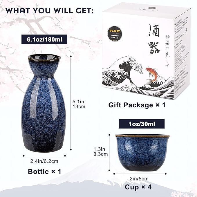 DUJUST 5 pcs Japanese Sake Set, Kiln Altered Glaze Porcelain Sake Set, 1 Bottle, 4 Cups & 1 Gift Box, Warm Carafe, Special Japanese Gift Set - darkblue