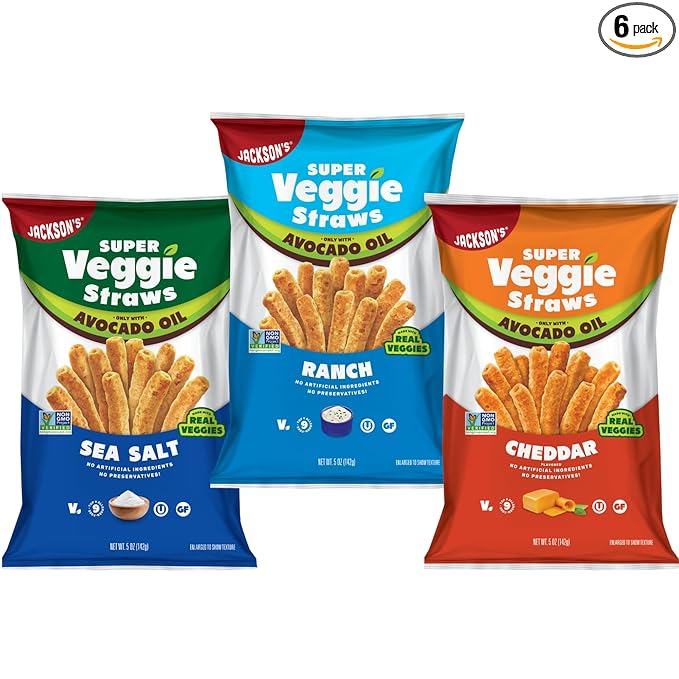 Jackson???Super Veggie Straws Variety Pack (5 oz, Pack of 6) ??Ranch, Cheddar, Sea Salt ??Gluten Free, Made with Premium Avocado Oil, Veggie Chips, Snack Variety Pack, Veggie Straws Individual Bags