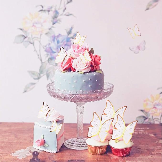 30pcs White Gold Edge Mixed Size Lively 3D Waterproof Butterfly Cupcake Topper for Girls Women's Happy Birthday Wedding Party Cake Wall Party Food Decorations