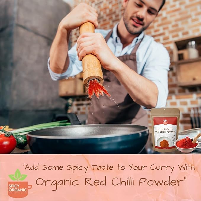 SPICY ORGANIC Red Chili Powder - USDA Certified Organic, Non-GMO - Perfect for adding a smoky, spicy flavor to soups, stews, chili, and more. No Added Preservatives and Color - 22 Servings Per Container, 4Oz (113 grams)