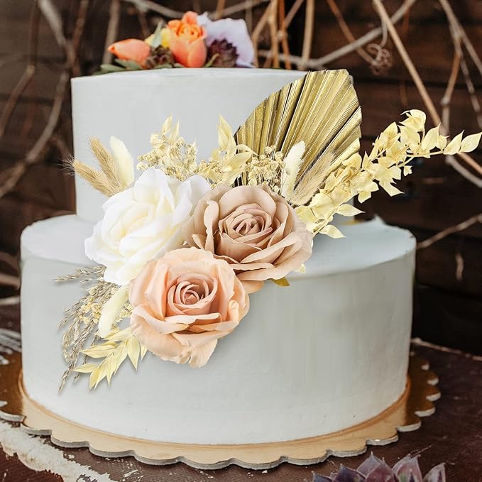 Tallew 28 Pcs Boho Cake Topper Decorations Vintage Artificial Rose Flowers Palm Leaves for Cake Decorating Kit Dried Faux Flower Decor for Bohemian Wedding Baby Shower Birthday Party Supplies