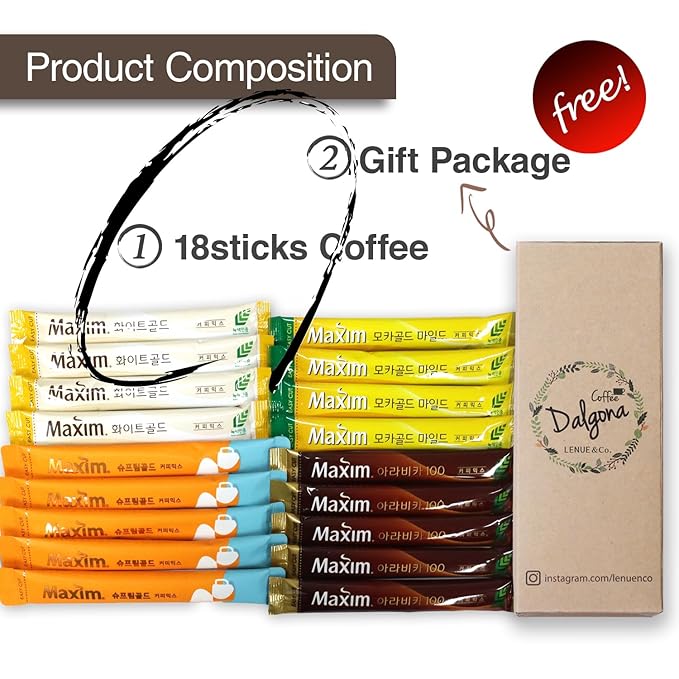 Korean Latte - Korean 3 in 1 Instant Coffee Variety Sample Packets with Gift Box Set, Maxim Supreme Gold Maxim instant Coffee 4 Mix Combination 18 Sticks