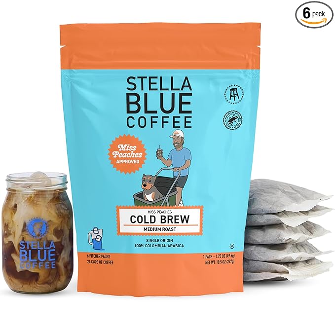 Stella Blue Cold Brew Coffee Packets, Miss Peaches Blend, Medium Roast Ground Coffee, Citrus, Carmel with Sweet Fruity Notes, 100% Arabica, 6 Brew Packets, Makes 24 Bold Cups