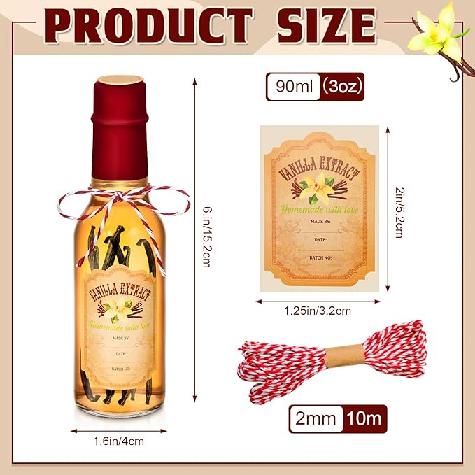 Tioncy 16 Pcs Vanilla Extract Bottles for Homemade Vanilla Jar Glass Bottle with Cap, Shrink Band, Sticker Syrup Gift Food Storage Canister for Bean Sauce Spice(Red,3 oz)