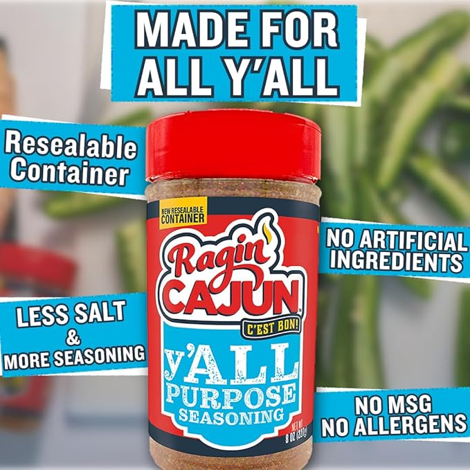 Ragin' Cajun y'ALL PURPOSE Seasoning - 8 oz Shaker, Low Sodium, No MSG - Mild Louisiana Cajun Spice for Meats, Seafood & Veggies