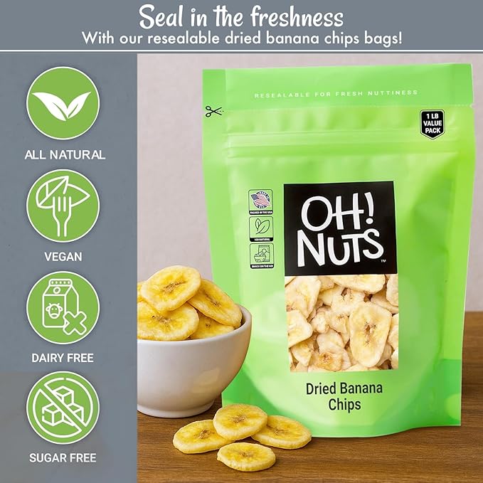 Oh! Nuts Dried Banana Chips - Sweetened Dehydrated Banana Chips - 1 lb - Bulk Bag for Snacking and Baking