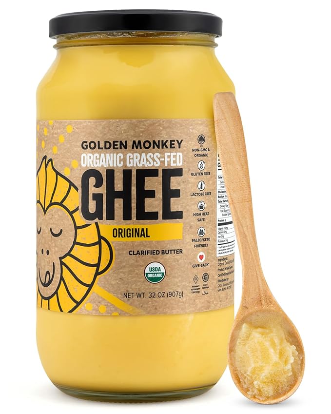 GOLDEN MONKEY Organic Ghee Butter ??Grass Fed Clarified Butter for Cooking, Baking, Keto & Gut Health ??Ghee Butter Organic Grass Fed from Small Farms ??Smooth Spread with High Smoke Point (32oz)