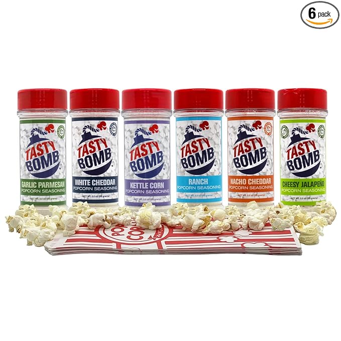 Flavorful Popcorn Seasoning Variety Pack ??6 Seasonings in White Cheddar Cheese, Ranch, Garlic Parmesan & More ??Gluten-Free Keto Snack for Movie Nights & Gifts by Tasty Bomb, 2.8-3 Oz.