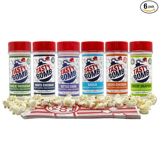 Flavorful Popcorn Seasoning Variety Pack ??6 Seasonings in White Cheddar Cheese, Ranch, Garlic Parmesan & More ??Gluten-Free Keto Snack for Movie Nights & Gifts by Tasty Bomb, 2.8-3 Oz.