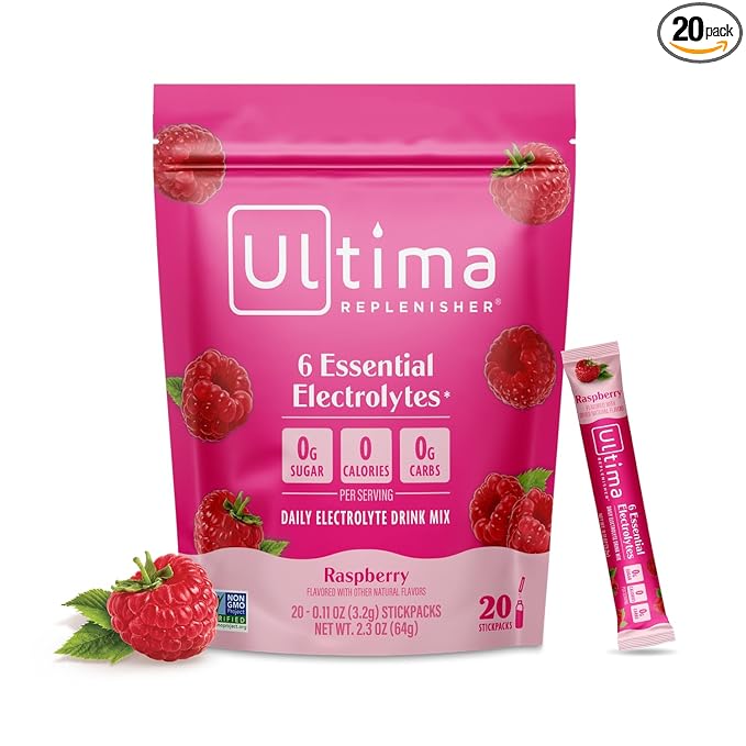 Ultima Replenisher Daily Electrolyte Powder Drink Mix ??Sugar Free ??Raspberry, 20 Stickpacks ??Hydration Packets with 6 Key Electrolytes and Trace Minerals ??Keto Friendly, Vegan, Non-GMO