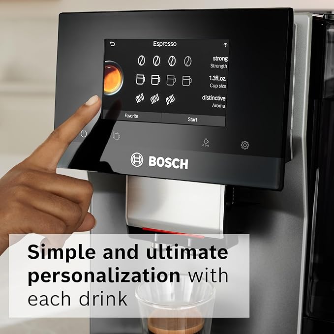 Bosch 800 Series Fully Automatic Espresso and Coffee Machine ??36 Drinks with Coffee World, Cold Brew, Double Cup, Milk Hose, Glass Milk Container, in Metallic Silver TPU60501