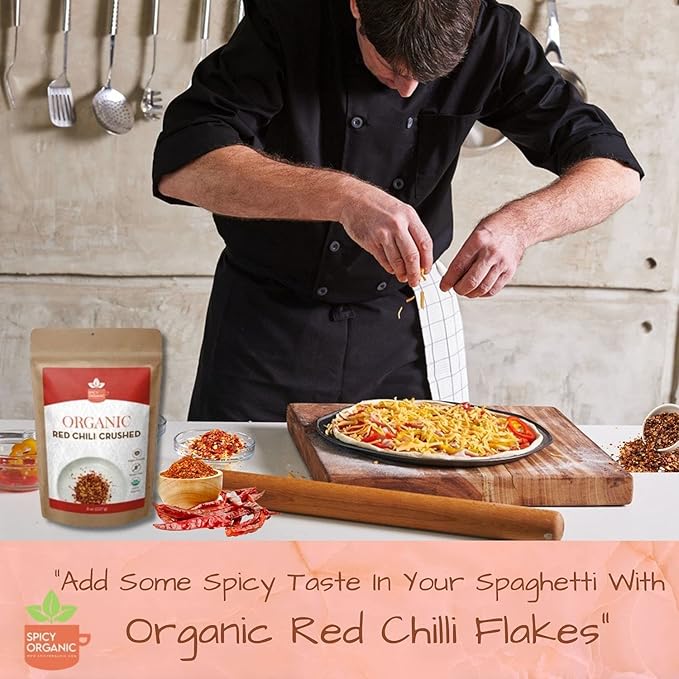 SPICY ORGANIC Crushed Red Pepper Flakes 8 oz. - Robust Chili Peppers Seasoning Spice - USDA Organic, Kosher, Non-GMO- Ideal for Pizza, Pastas, Salads, Sauces, Stews, Marinades and Pickled Vegetables