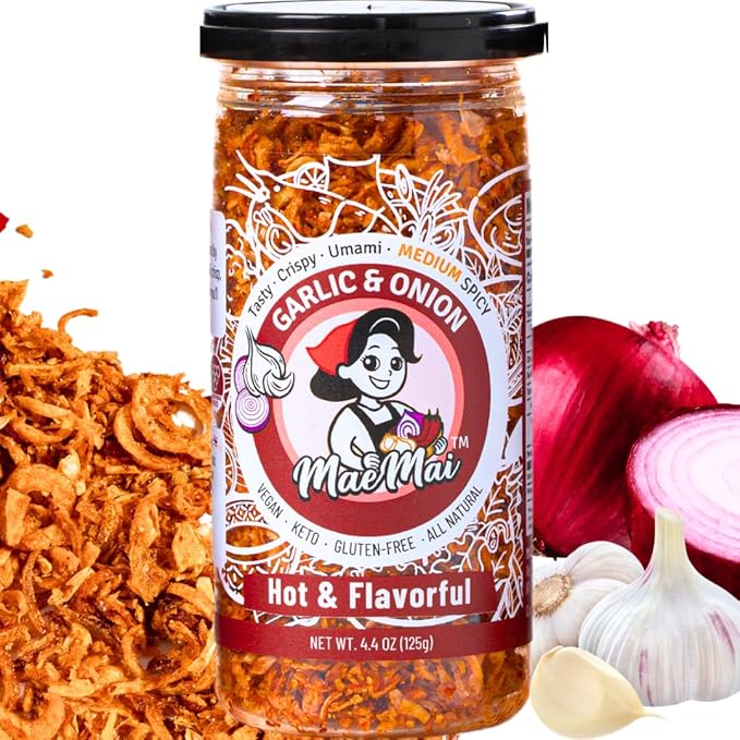 MaeMai Chili Crisp (MEDIUM HOT Spice) - Crunchy Spicy Onion & Garlic Flakes - All-Purpose Seasoning, Topper | Chili oil WITHOUT THE OIL. Crunchy condiment for ramen, rice, salad. 5.47 oz Resealable Bottle