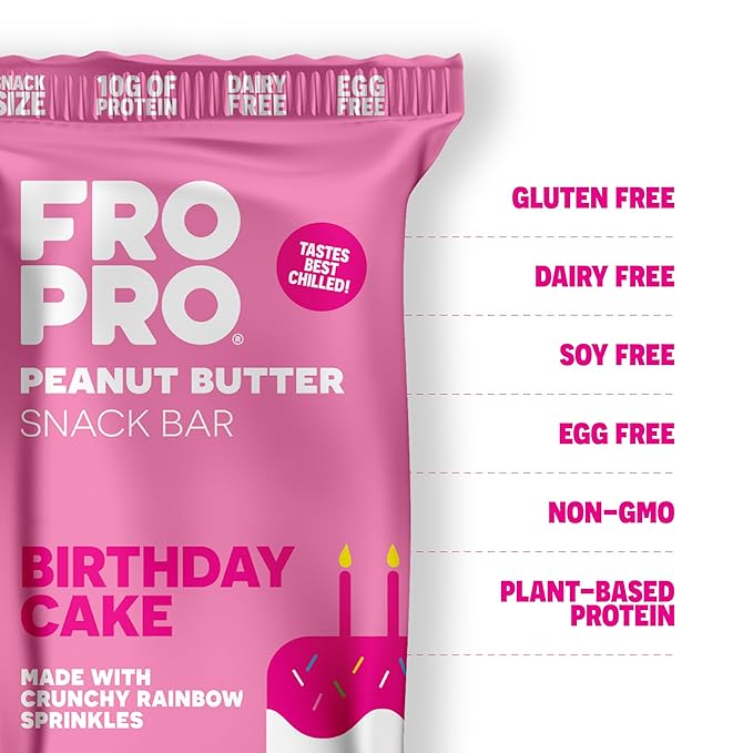 FROPRO Plant Protein Snack Bars - Plant Based Protein Bars, All-Natural, Gluten, Dairy, & Soy Free, High Protein Bars with Low Calories | Birthday Cake, 12 Pack