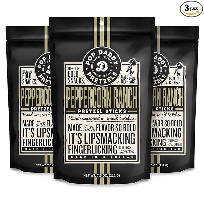 Pop Daddy Flavored Pretzels Sticks, Healthy Gourmet Pretzels Snacks, 7.5oz Individual Bags, 3 Pack, Peppercorn Ranch