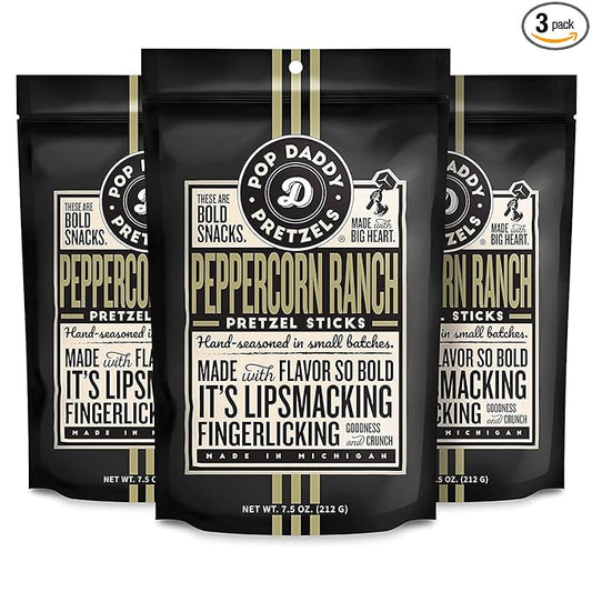 Pop Daddy Flavored Pretzels Sticks, Healthy Gourmet Pretzels Snacks, 7.5oz Individual Bags, 3 Pack, Peppercorn Ranch