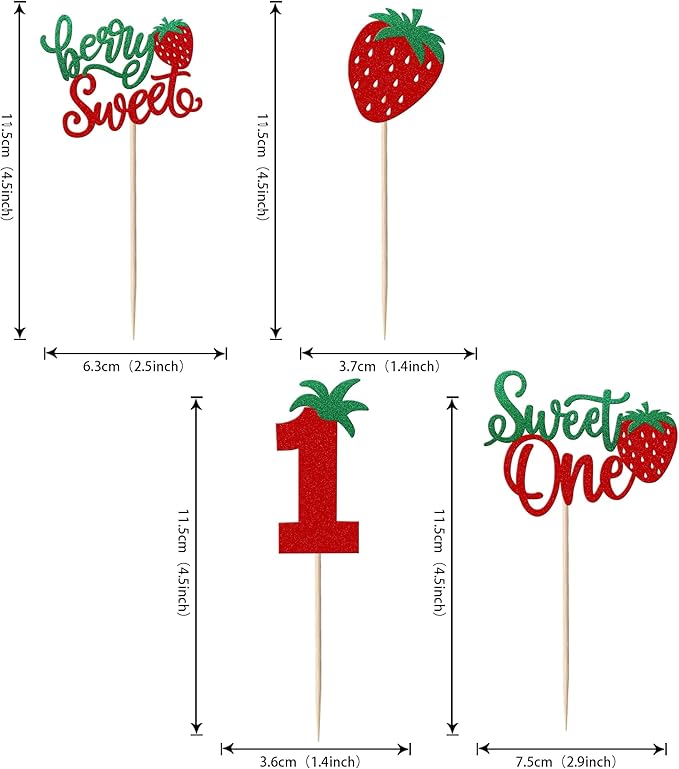 24 Pack Sweet One Cupcake Toppers Glitter First Birthday Strawberry Cupcake Picks for Fruit Baby Shower 1st Birthday Berry Sweet Cupcake Decorations Party Supplies Green