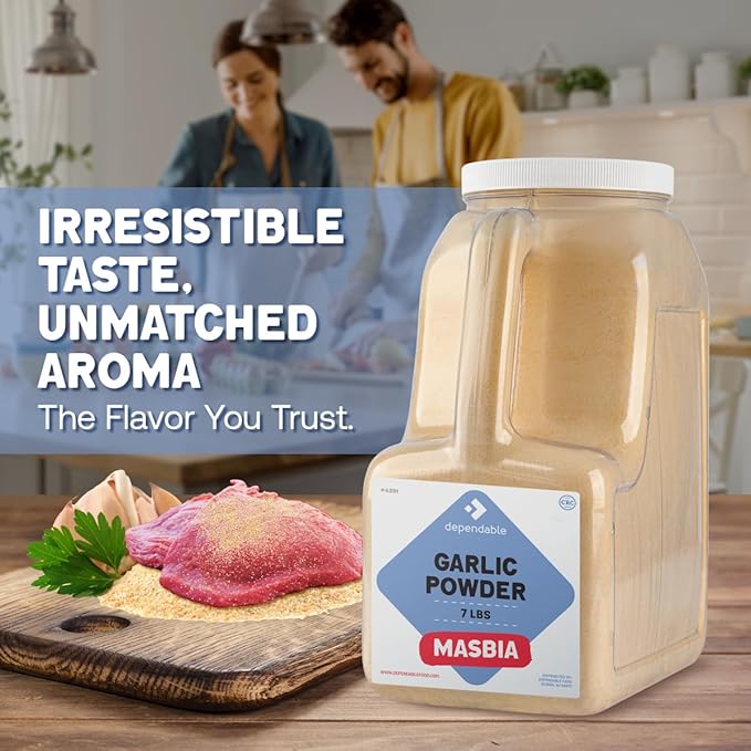 Dependable Food Garlic Powder -7 LB.- Restuarant Bulk Size Jar, Kosher, Versatile, Dehydrated, Non-GMO Seasoning for Vegetables, Meat Rubs & More - Allergen-Free, 100% Natural Granulated Garlic