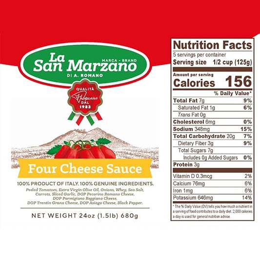 La San Marzano Four Cheese Sauce, 24 oz, Pasta Sauce Made in Italy, All Purpose Tomato Premium Quality, All Natural, Non GMO, Gluten Free