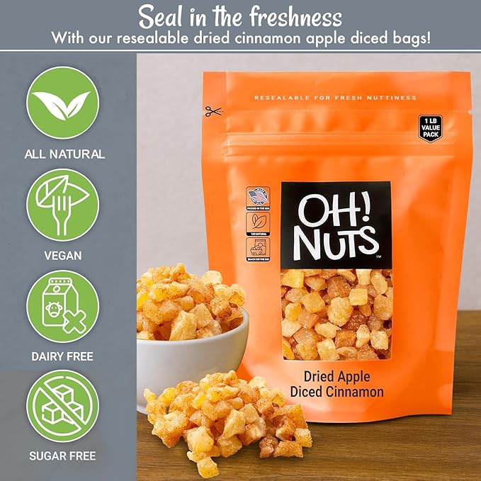 Oh! Nuts Dried Cinnamon Apple - 1 LB - Sweetened Dried Fruit Diced - Dehydrated Fruit Bites - Packed in New York Zip-Seal Bag for Exceptional Freshness