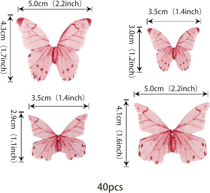 40 Pack Edible Butterfly Cake Decorations, Cupcake Toppers, Birthday Party Decorations for Wedding, Anniversary, Flower Themed Party - Pink