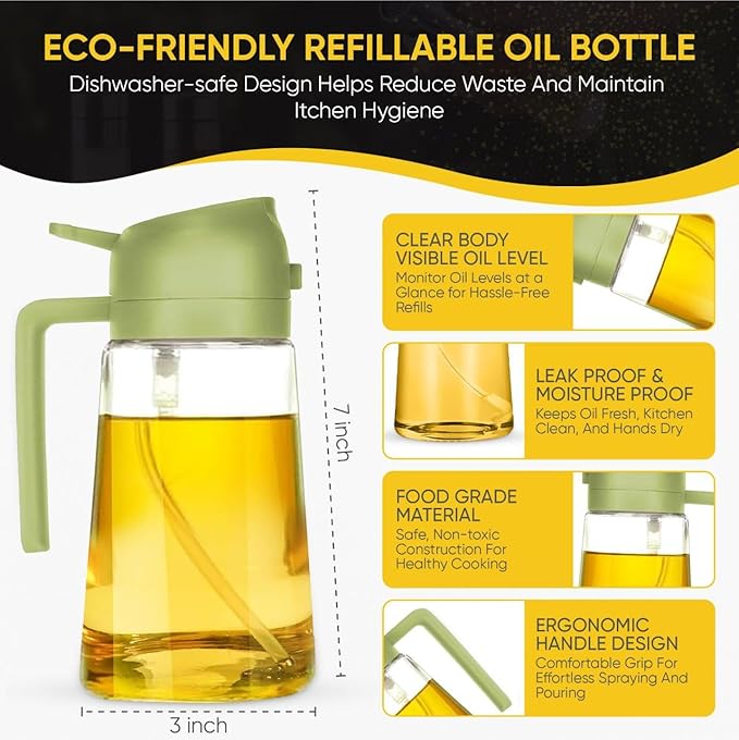 2-in-1 Olive Oil Dispenser Bottle, Spray and Pour, Multi-Use Kitchen Gadget, Food-Grade, Salad Dressing, Air Fryer, Healthy, BBQ, Barbecue (Green)