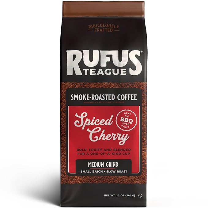 Rufus Teague Spiced Cherry Flavored Ground Coffee, Gourmet Fresh Dark Roasted Coffee, Smoke Roasted Java, Medium Grind, 12 oz Bag