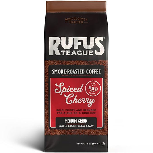 Rufus Teague Spiced Cherry Flavored Ground Coffee, Gourmet Fresh Dark Roasted Coffee, Smoke Roasted Java, Medium Grind, 12 oz Bag