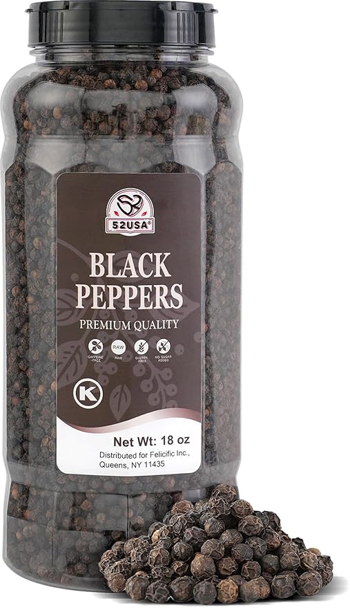 52USA Whole Black Peppercorns, 18oz (Pack of 1), Peppercorns for Grinder Refill, Gluten-Free, Kosher, Non-GMO, All Natural Black Pepper, Perfect for Cooking & Seasoning