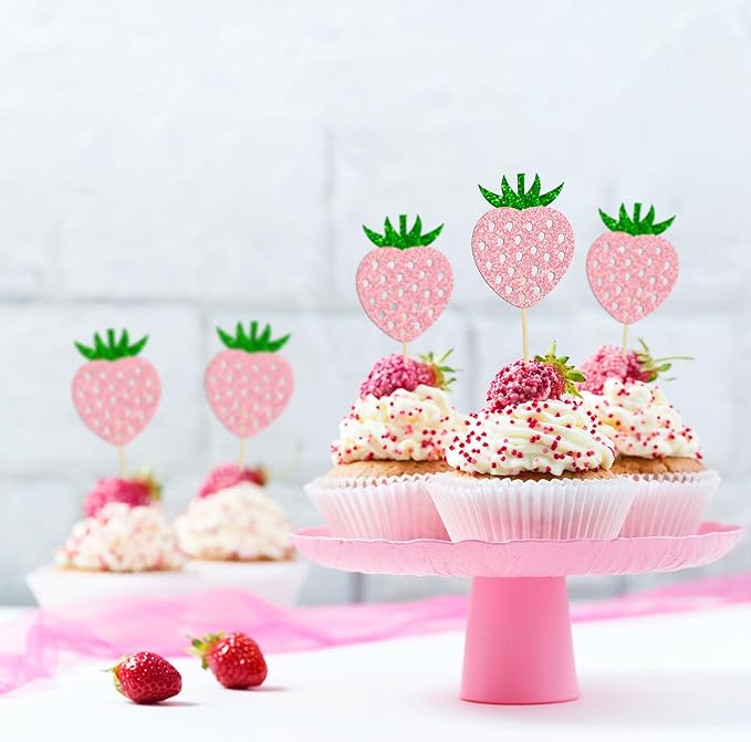 24 Pack Strawberry Cupcake Toppers Glitter Birthday Strawberry Cupcake Picks for Fruit Baby Shower Kids Birthday Summer Berry Cupcake Decorations Party Supplies Pink