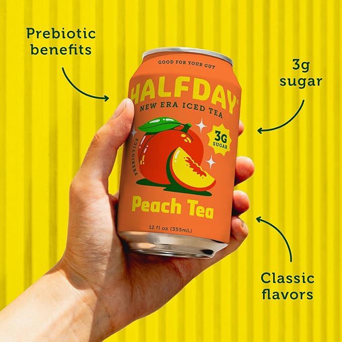 Halfday, Prebiotic Peach Iced Tea, 12 Fl Oz Can